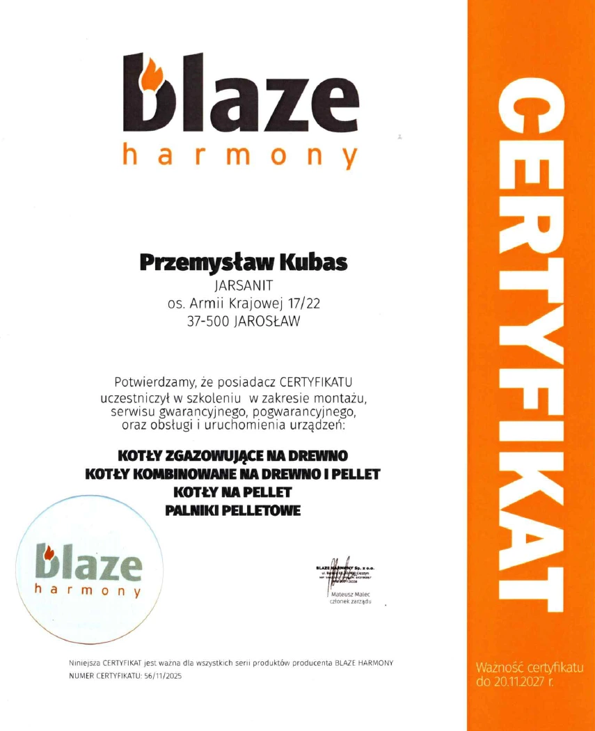 Certyfikat autoryzowanego montażu kotłów Blaze