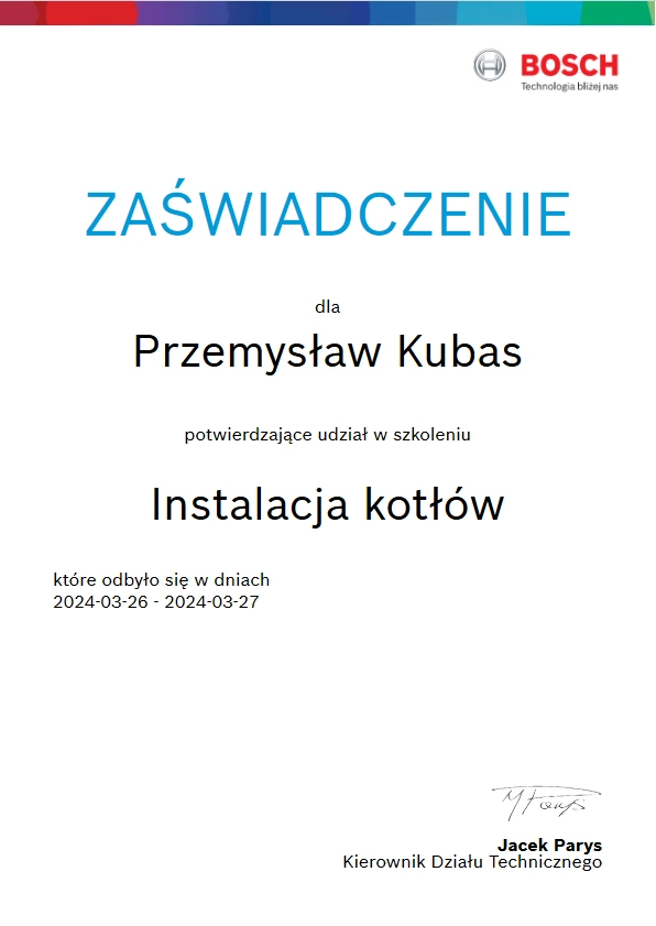 Certyfikat autoryzowanej instalacji kotłów Bosch