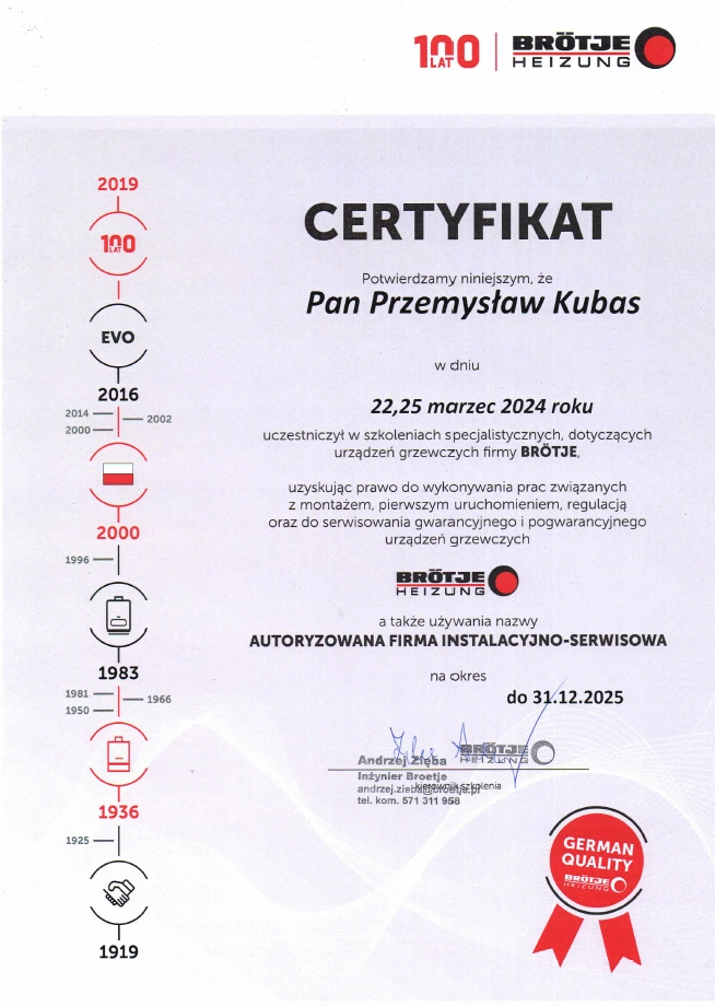 Certyfikat autoryzowanego montażu urządzeń grzewczych Brotje