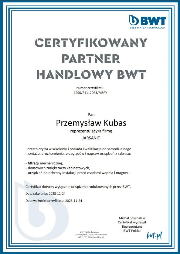 Certyfikat autoryzowanego montażu urządzeń filtracji BWT