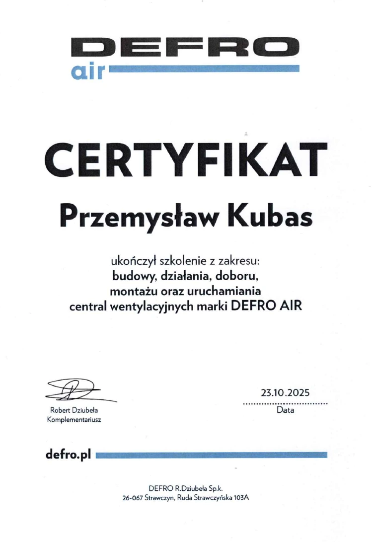 Certyfikat autoryzowanego montażu central wentylacyjnych DEFRO AIR