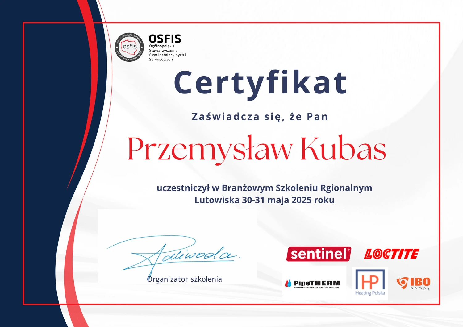 Certyfikat szkolenia Stowarzyszenia Firm Instalacyjnych i Serwisowych OSFIS