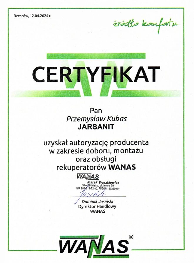 Certyfikat autoryzowanego montażu rekuperatorów WANAS