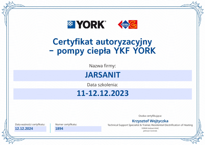 Certyfikat autoryzowanego montażu pomp ciepła YKF York